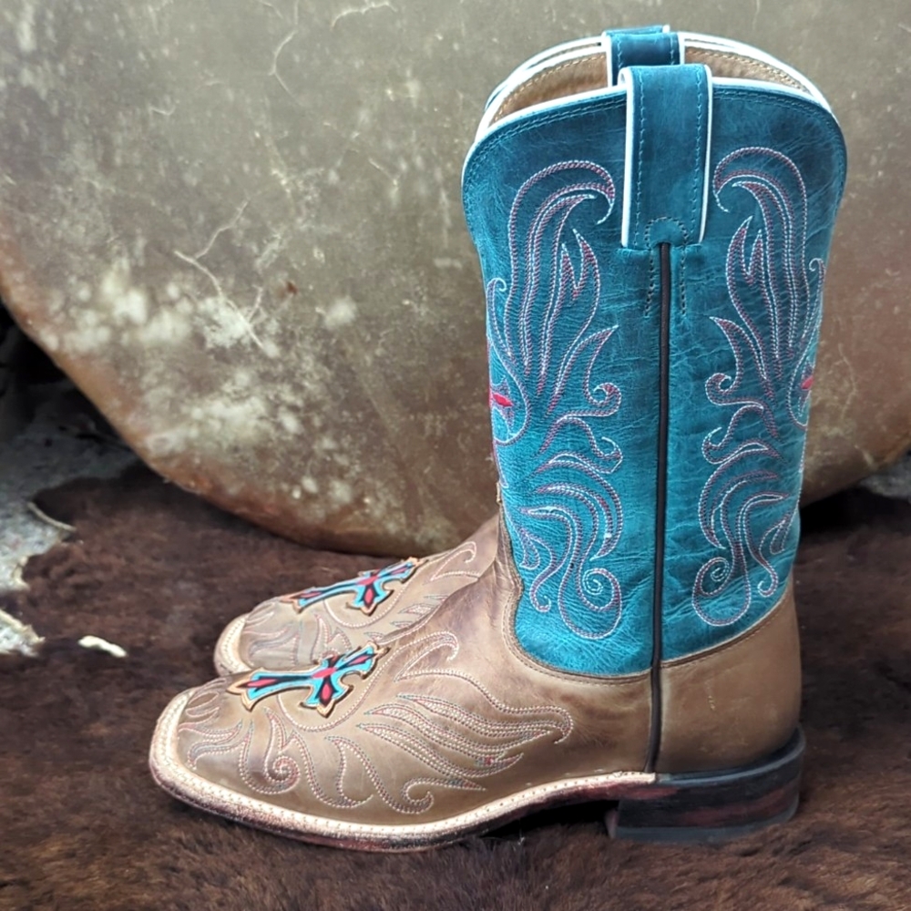 TONY LAMA ladies style#7931L "tan vintage cow cross" teal/brown cowboy boots 6.5 - Picture 4 of 16